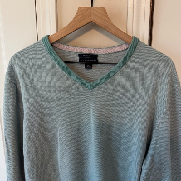 Lands’ End Men’s Green & White V Neck Long Sleeve Sweater 100% Cotton Size XL - Picture 7 of 12